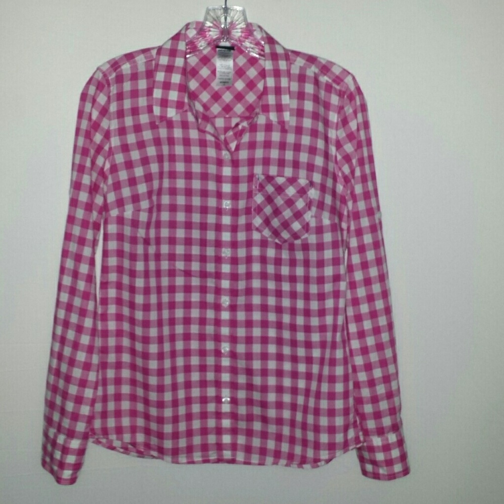 Patagonia Gingham Long Sleeve Pink White Top Sz 2